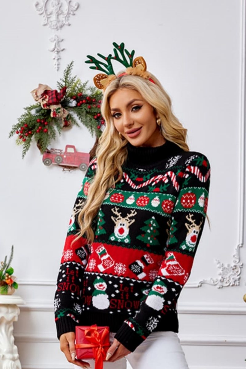 EB | Hoher Hals Weihnachten Schneemann Stickerei Pullover
