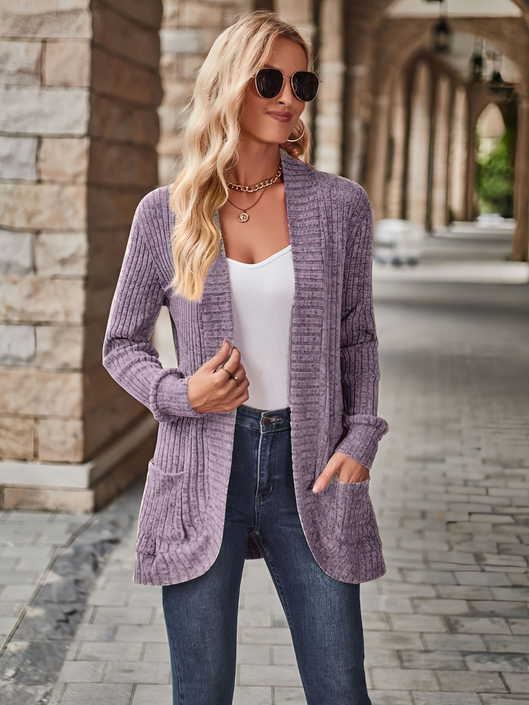 EB | Damen Gerippter Offener Vorderseite Strickjacke Lange Ärmeln Lässig Strickpullover mit Taschen