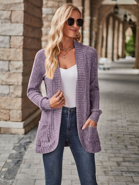 EB | Damen Gerippter Offener Vorderseite Strickjacke Lange Ärmeln Lässig Strickpullover mit Taschen