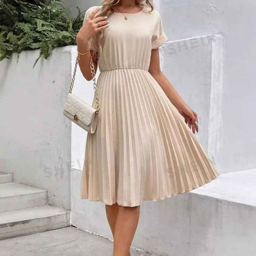 EB | Einfarbig Plissierter Kurzarmkleid