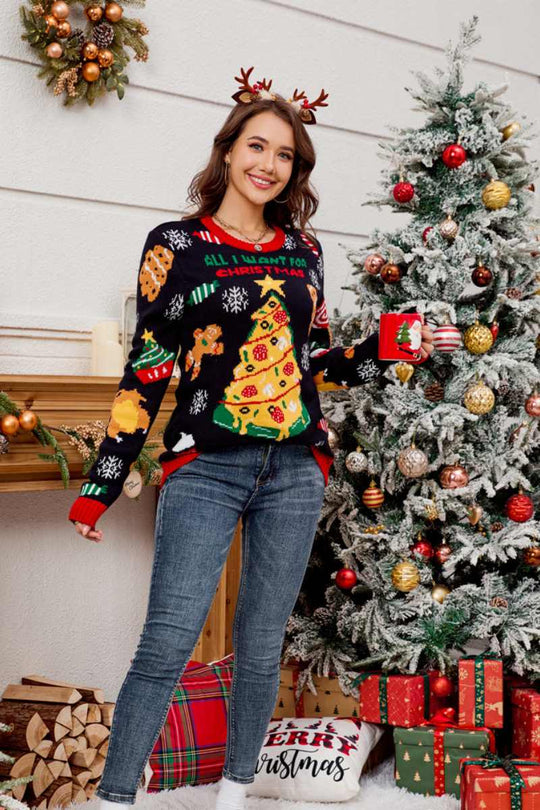 EB | Lässiger Rundhals Pullover mit besticktem Weihnachtsbaum