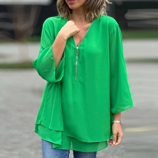 EB | Chiffon Reißverschluss Top mit V-Ausschnitt