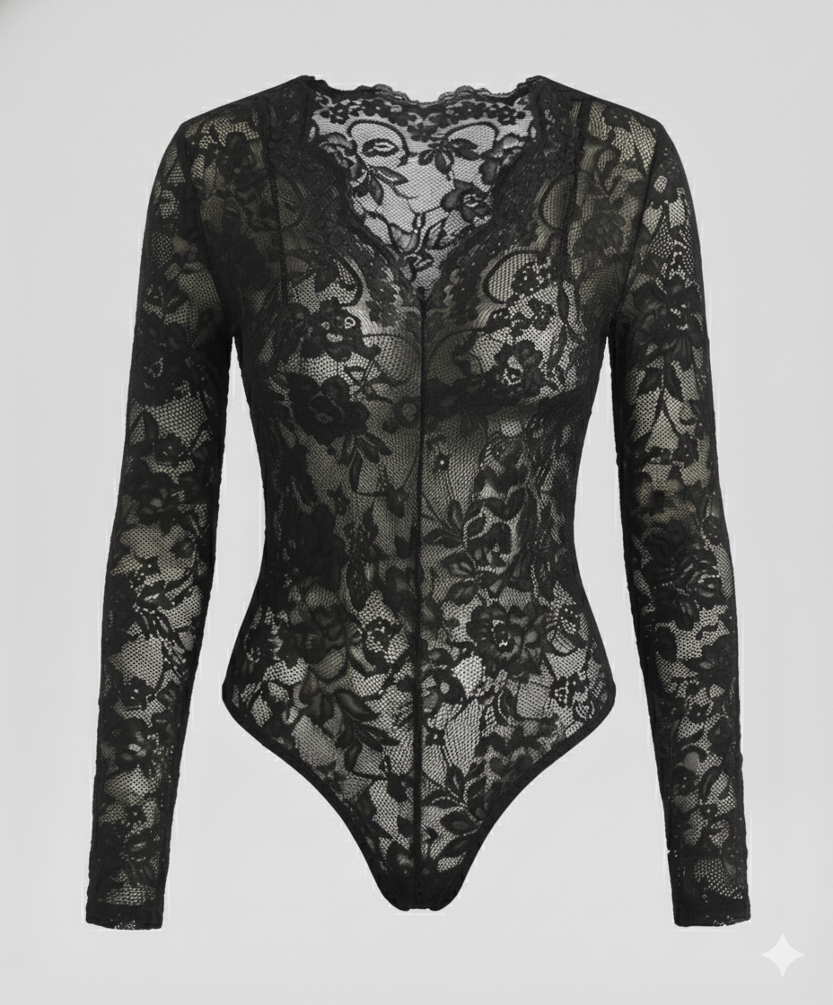 Damen Spitzenbody Langarm V-Ausschnitt | EB