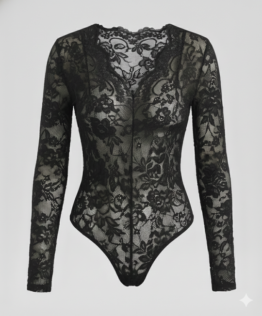 Damen Spitzenbody Langarm V-Ausschnitt | EB