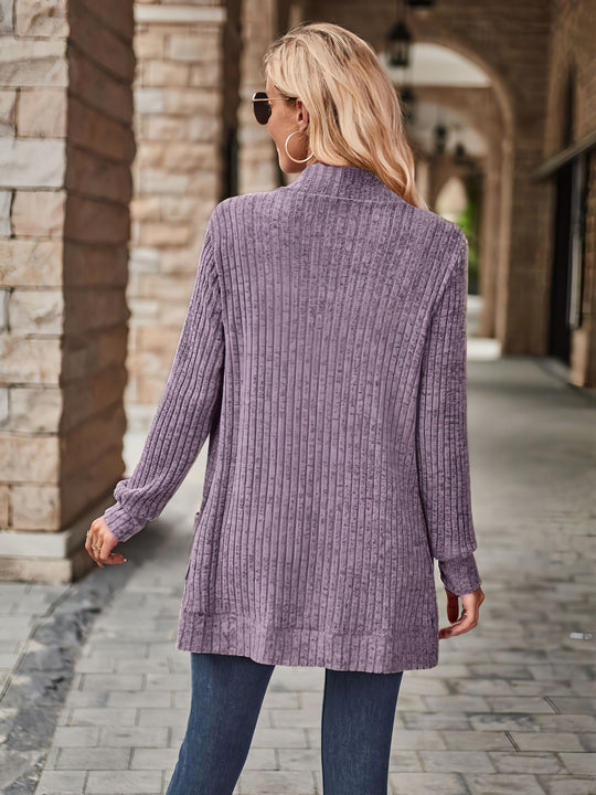 EB | Damen Gerippter Offener Vorderseite Strickjacke Lange Ärmeln Lässig Strickpullover mit Taschen