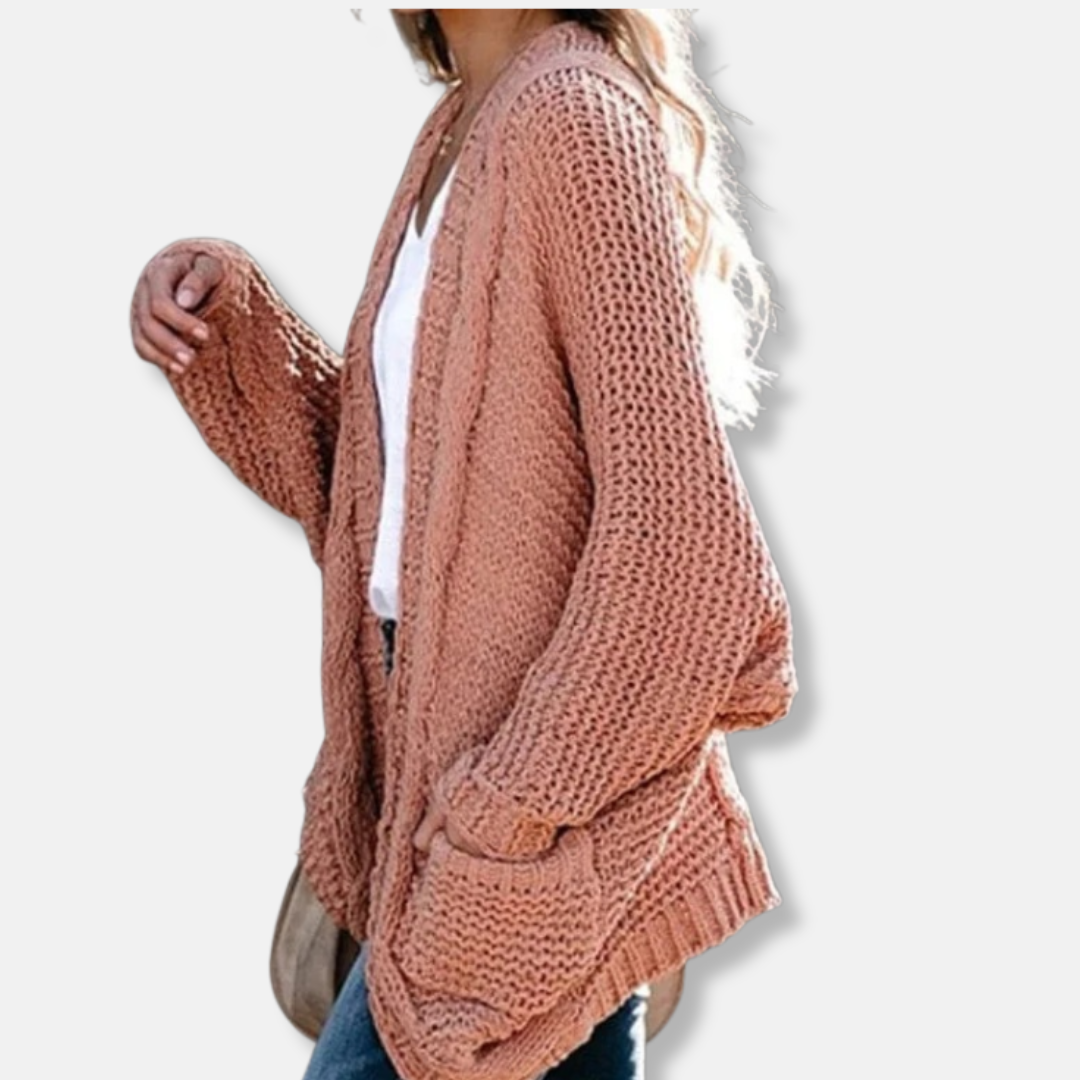 EB | Woll Übergroßer Cardigan Gerippter Offener Fronttaschen Cardigan