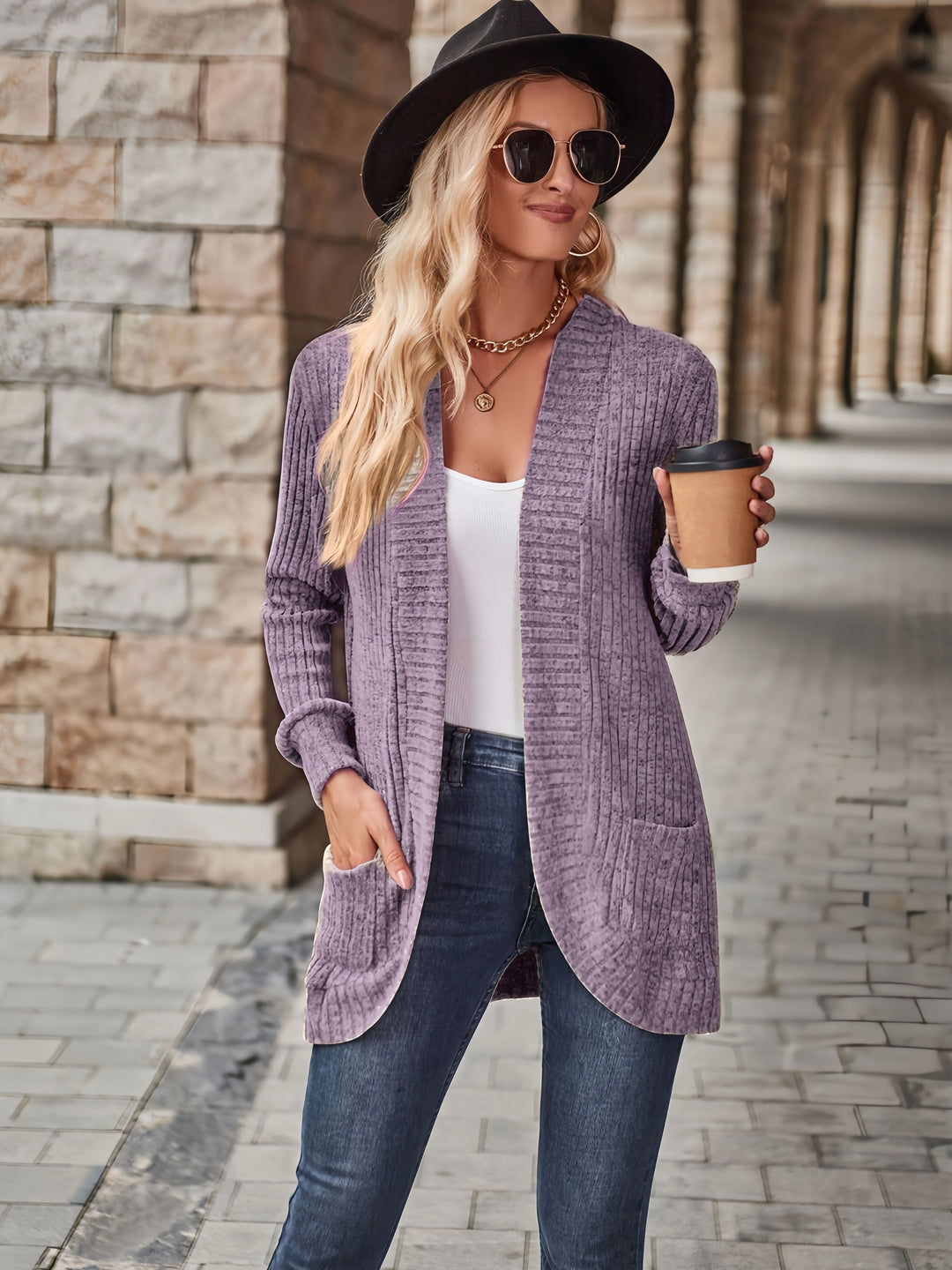 EB | Damen Gerippter Offener Vorderseite Strickjacke Lange Ärmeln Lässig Strickpullover mit Taschen