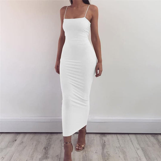 EB | Bodycon Kleid Midi Länge Spaghettiträger Elegant und Figurbetont