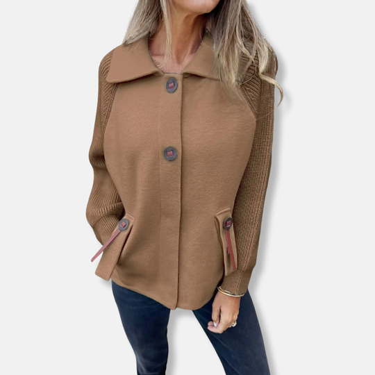 EB | Jacke Lässiger Schnitt Gestrickte Ärmel mit Revers Knopfverschluss