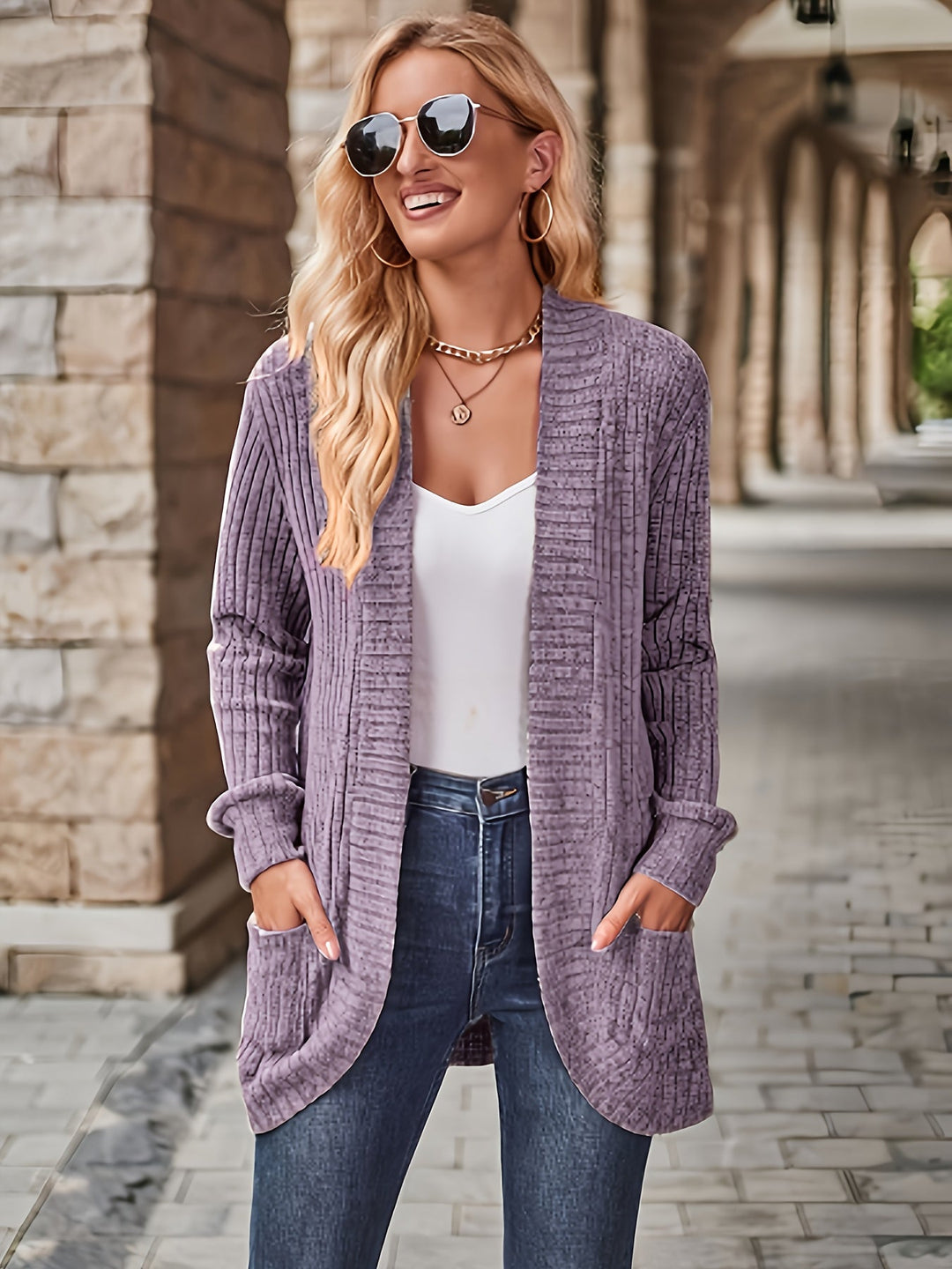 EB | Damen Gerippter Offener Vorderseite Strickjacke Lange Ärmeln Lässig Strickpullover mit Taschen