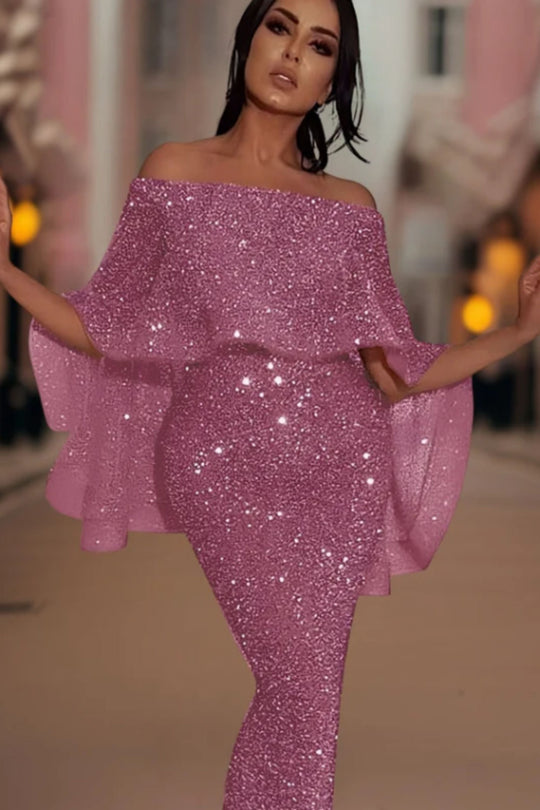 EB | Off-Shoulder Glitzer Maxi Kleid