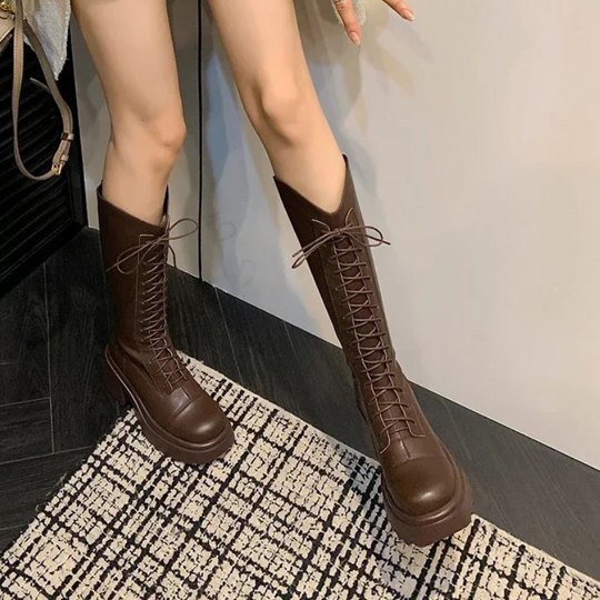 EB | Hohe Stiefel Damenstiefel mit Schnürung und Robuster Ferse