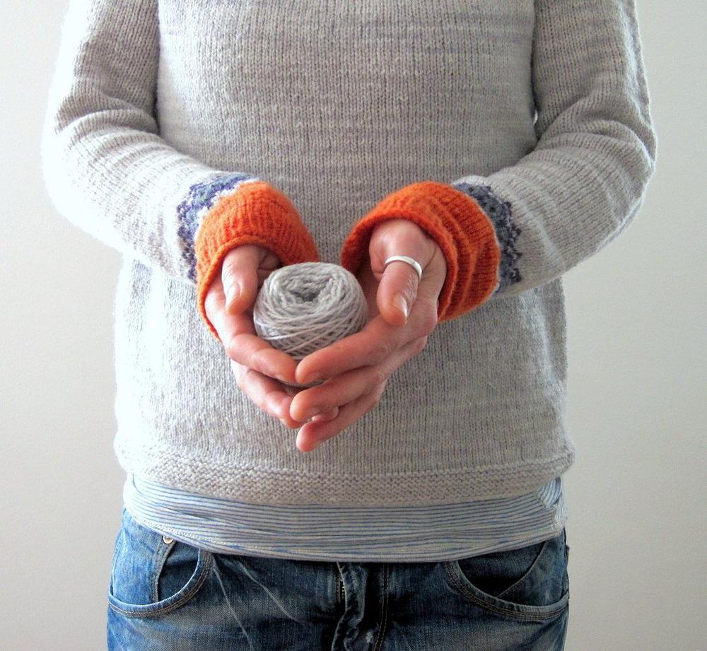EB | Grau Strickpullover mit Farbenfrohem Muster Wollmischung Warm und Bequem