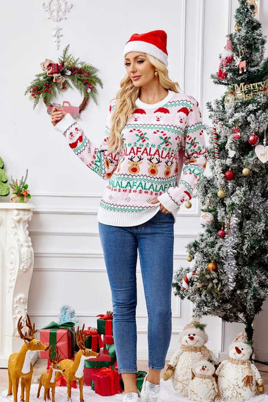 EB | Locker Sitzende Rundhals Weihnachts Cartoon Strickpullover - Pink