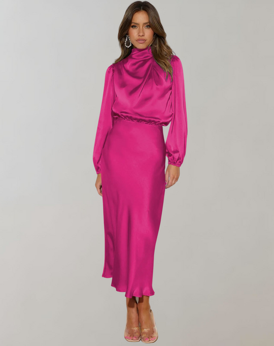 Elegante Satin Kleid Mit Langen Ärmeln
