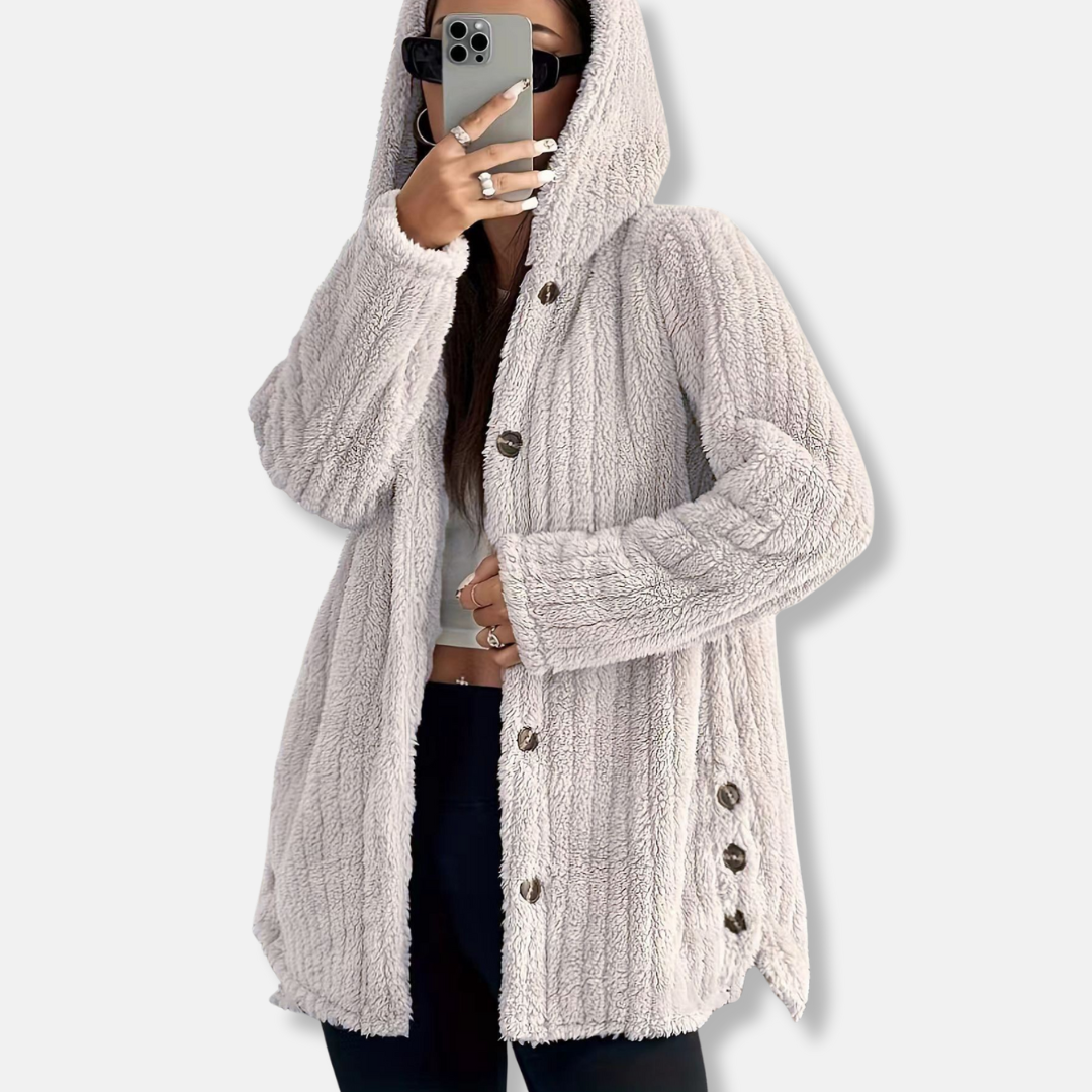 EB | Mantel Oversize Passform Kapuze Weiche Textur Knopfverschluss Mittellang