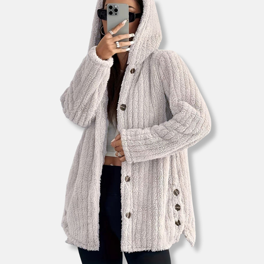 EB | Mantel Oversize Passform Kapuze Weiche Textur Knopfverschluss Mittellang