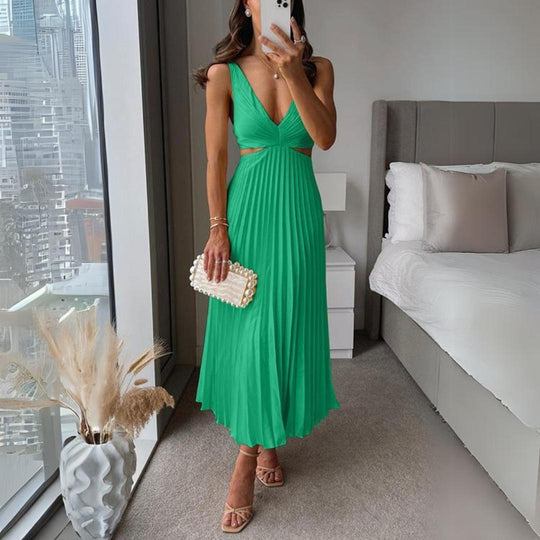 EB | Midi Kleid Ärmellos V-Ausschnitt Twist Front & Cut Out Detail Plissierter Rock