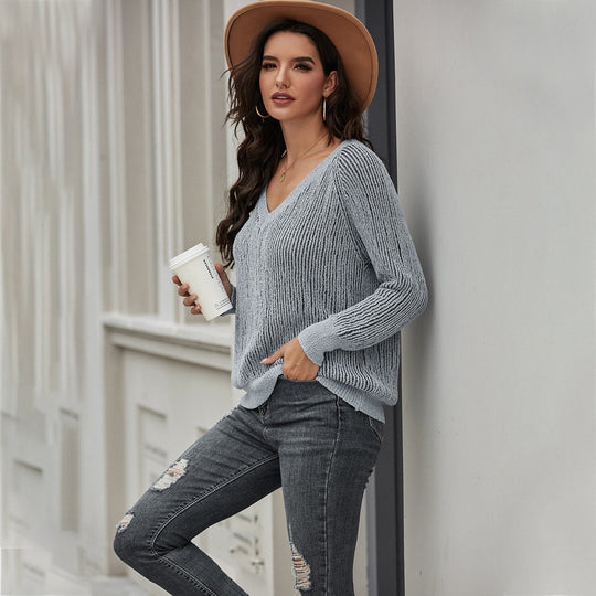 EB | Strickpullover Lockere Passform V-Ausschnitt Rippstruktur Lange Ärmel