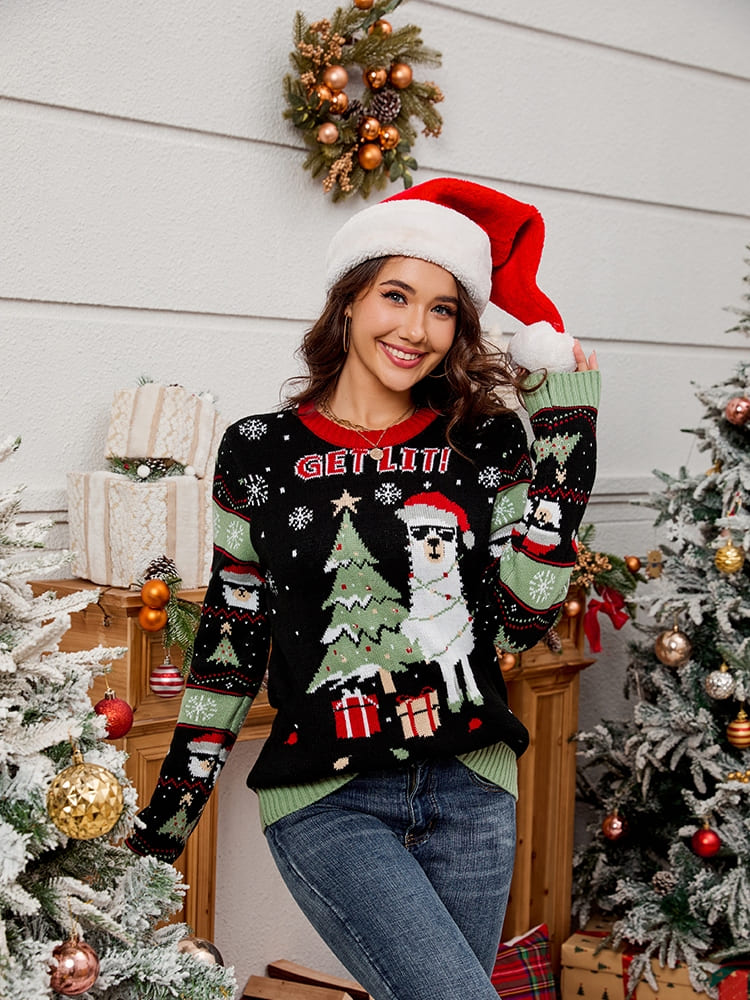 EB | Rundhals Bestickter Strickpullover – Alpaka & Weihnachtsbaum