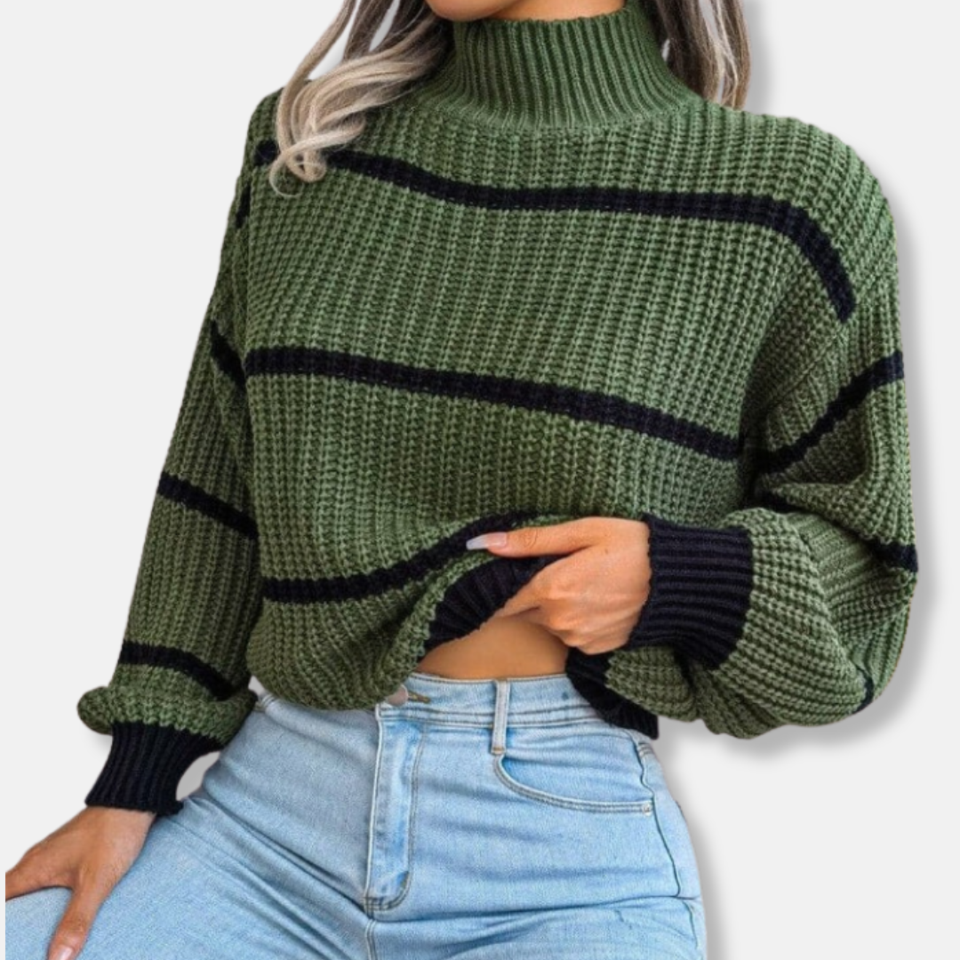 EB | Strickpullover Weicher Gerippter Rollkragen Lockere Passform Klassische Streifen