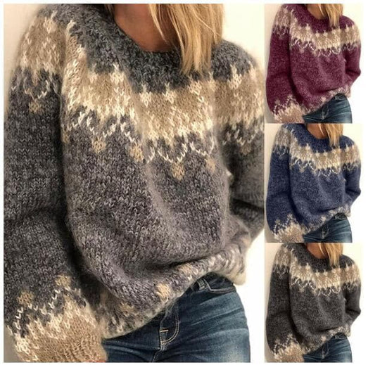 EB | Strickpullover Weiche Wollmischung Oversized-Passform Rundhalsausschnitt Nordisches Muster