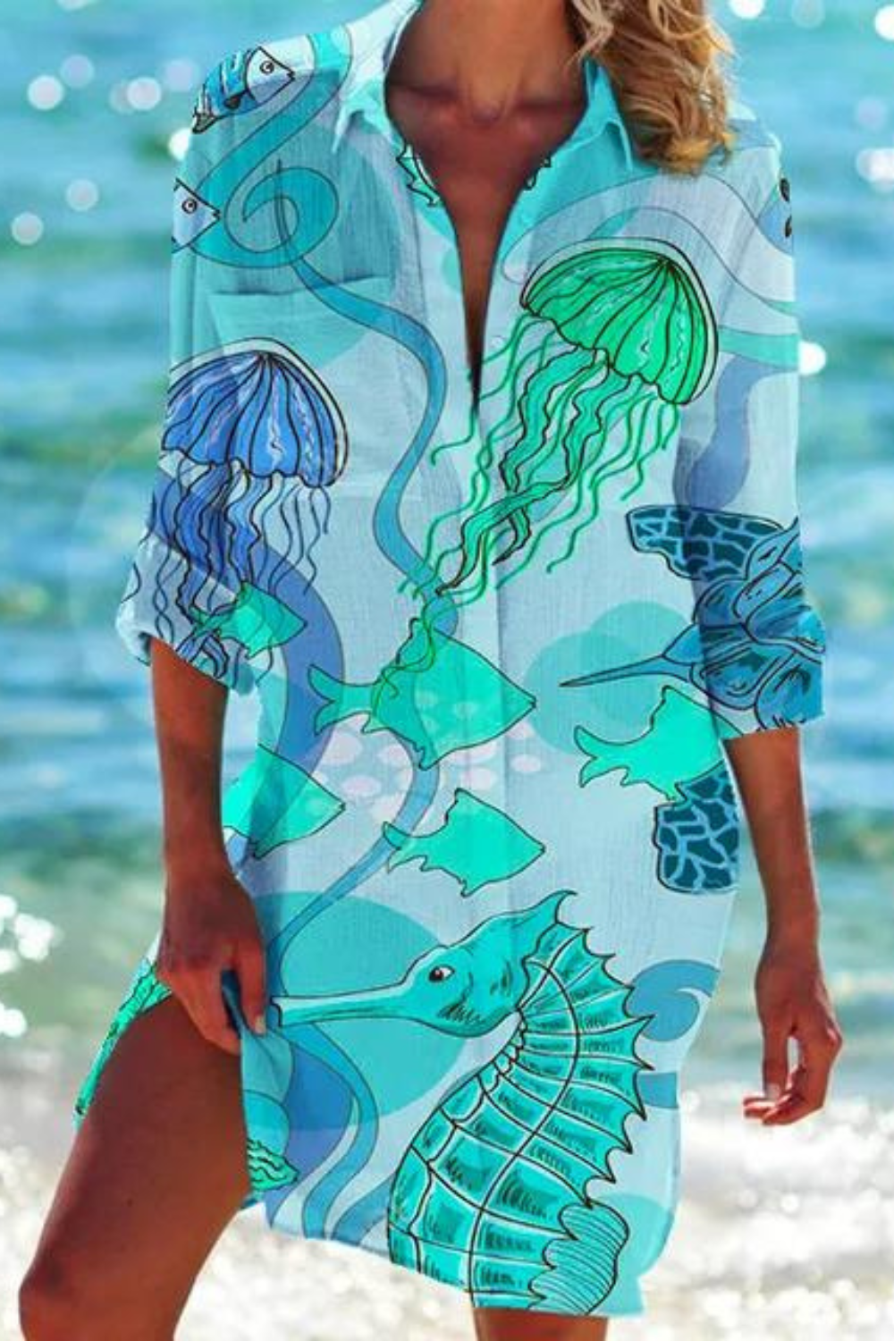 EB - Lange Strandbluse mit Meeresmotiv