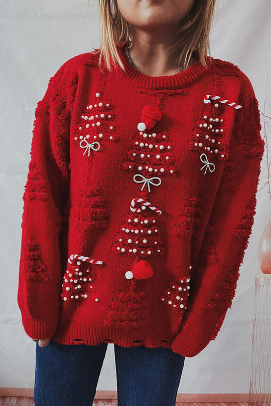EB | Handgemachter Perlen-Weihnachtsthema-Pullover dreidimensionaler dekorativer Pullover