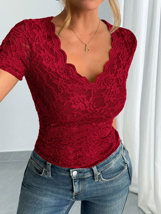 EB | Damen Einfarbig Sexy Spitze V-Ausschnitt Kurzarm