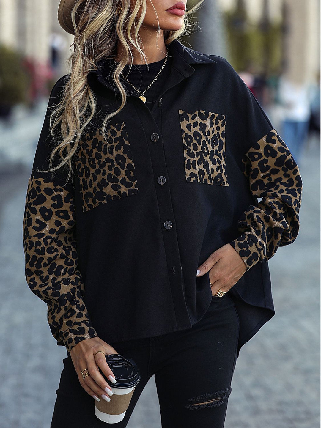 EB | Leopard Print Knopf-abgesetzte Schulterjacke