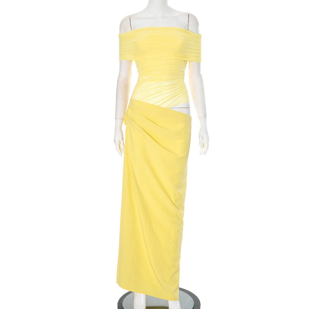 EB | Ein-Wort-Kragen-Plissee-Kleid aus Mesh mit diagonaler Spanne