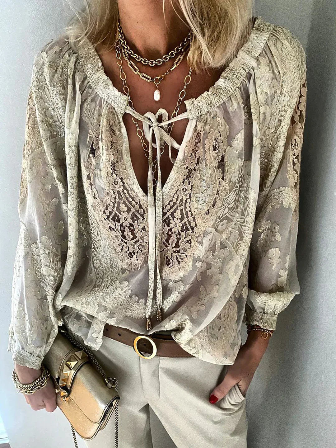 EB | V-Ausschnitt Spitzen Chiffon Bluse