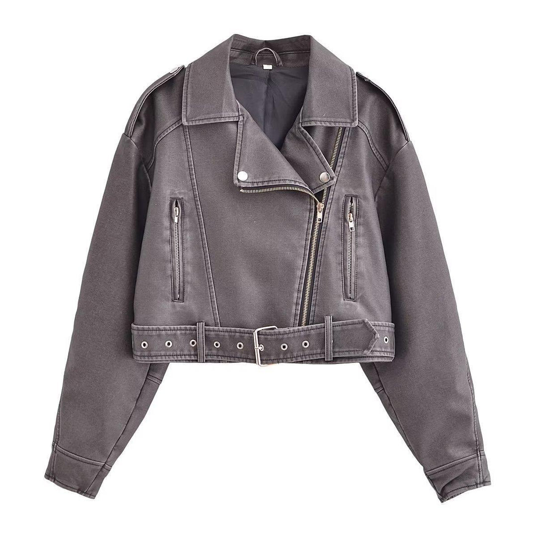 EB | Damen PU Motorradjacke mit Reißverschluss und Gürtel