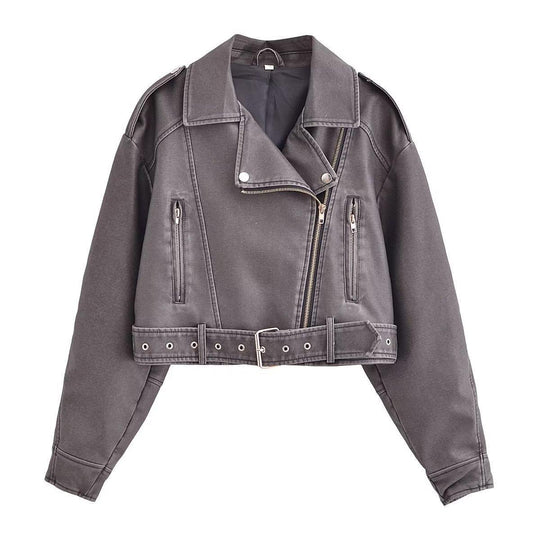 EB | Damen PU Motorradjacke mit Reißverschluss und Gürtel