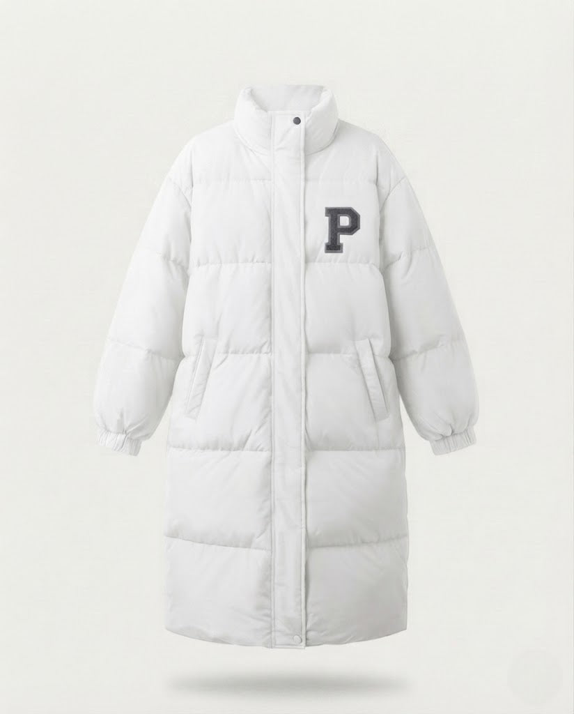 Damen nan langer boxiger Thermo-Puffer mit hohem Stehkragen, College-Patch und geräuscharmer Außenhülle EB