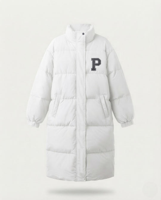 Damen nan langer boxiger Thermo-Puffer mit hohem Stehkragen, College-Patch und geräuscharmer Außenhülle EB