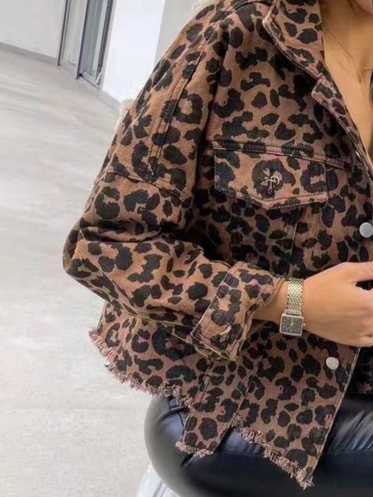 EB | Raw Hem Leopardenkragen Denimjacke