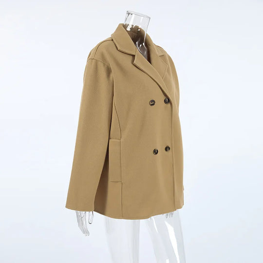 EB | elegante braune Wolljacke mit doppelter Knopfreihe, halblang