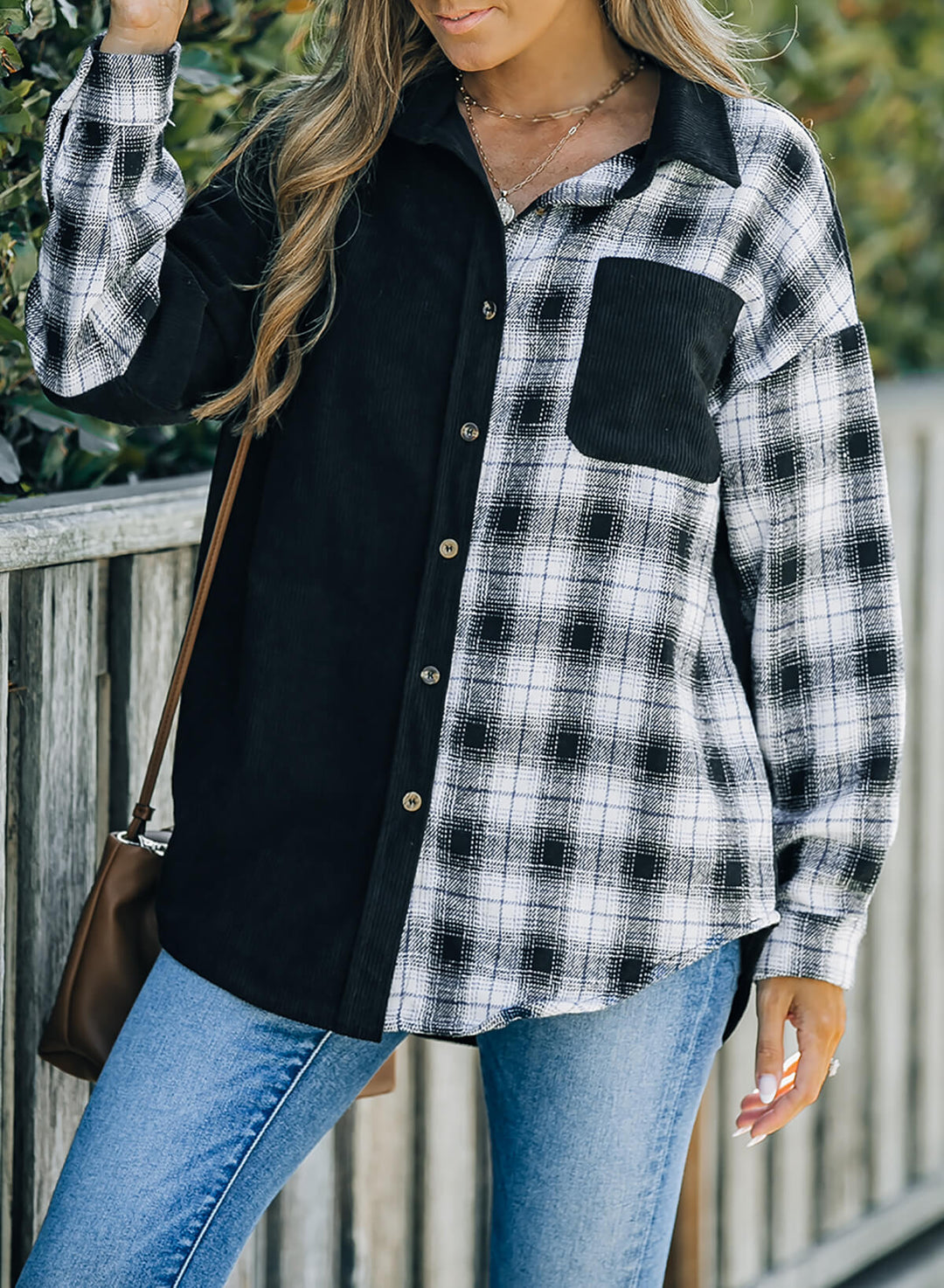 EB | Karierte Farbblock Gefallen Schulter Corduroy Shacket