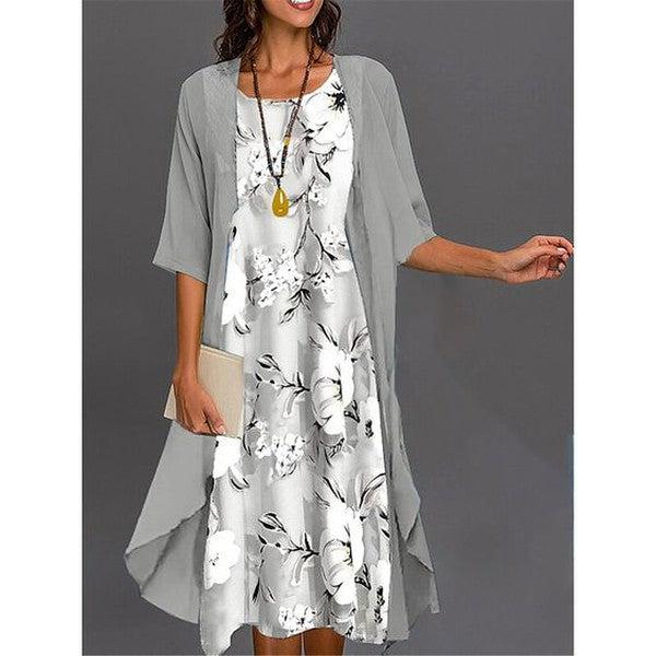 EB | Graues Bedrucktes Midikleid mit Oberbekleidung