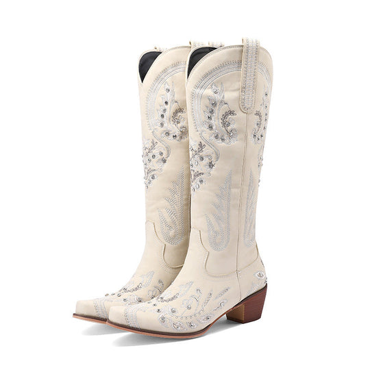 EB | Bestickte Western Denim Retro Damen Knielange Stiefel