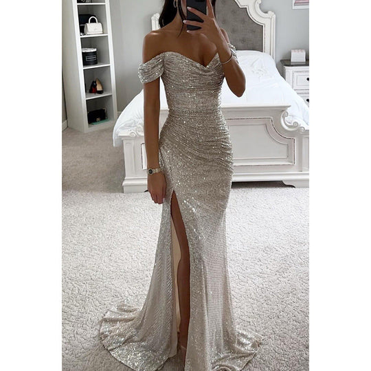Glitzerndes Damen Abendkleid Schulterfreies Maxikleid mit Schlitz für Hochzeit & Fest | EB