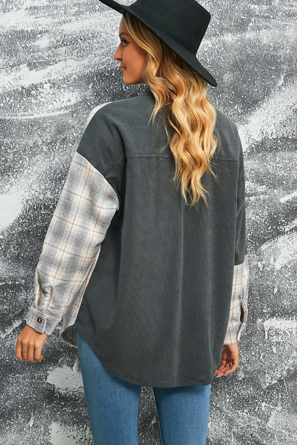 EB | Karierte Farbblock Gefallen Schulter Corduroy Shacket