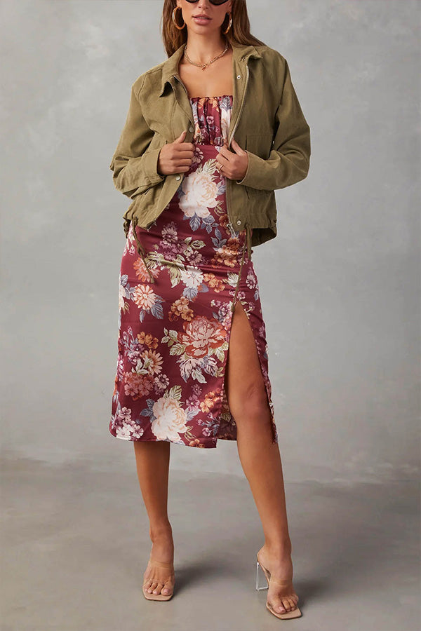 EB | kariert Revers Mehrknopf-Zwei-Taschen-Midi-Jacke