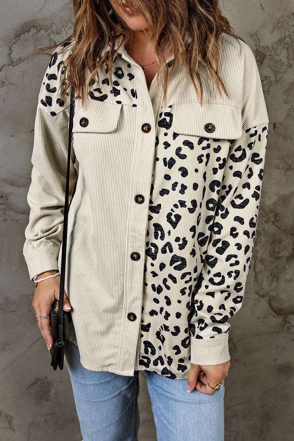 EB | Double Take Leopard Print Pocketed Cord-Jacke
