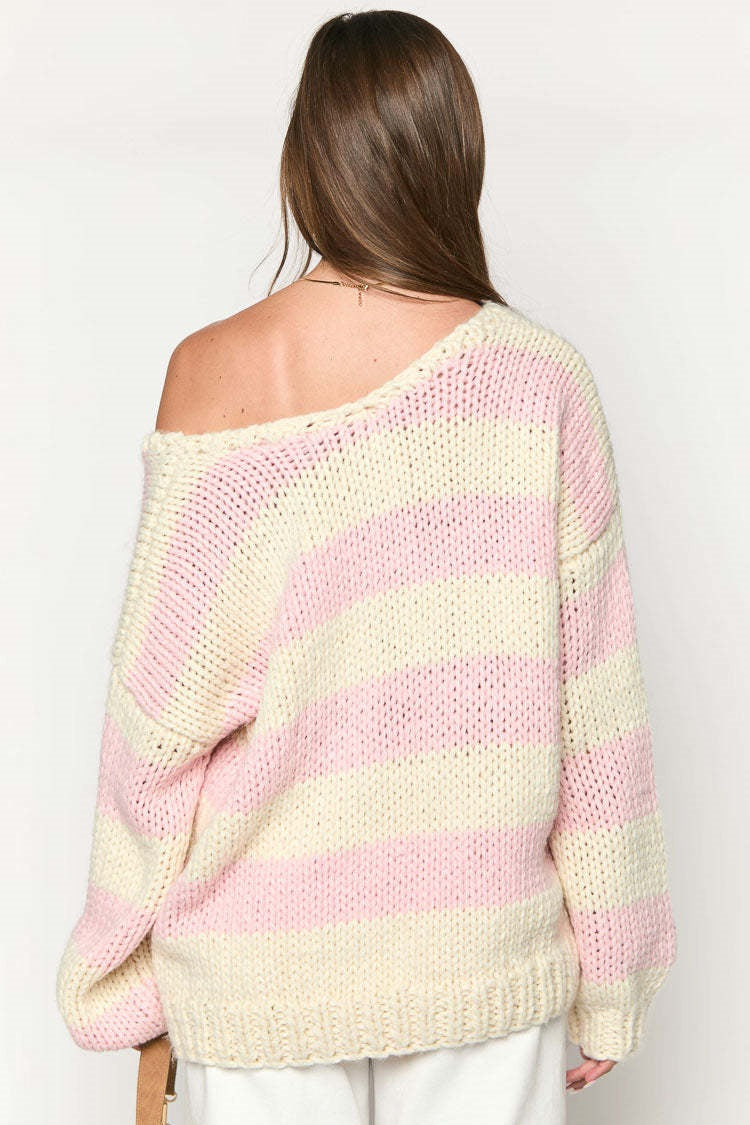 EB | Off-Shoulder gestreifter Strickpullover für den Herbst-Look
