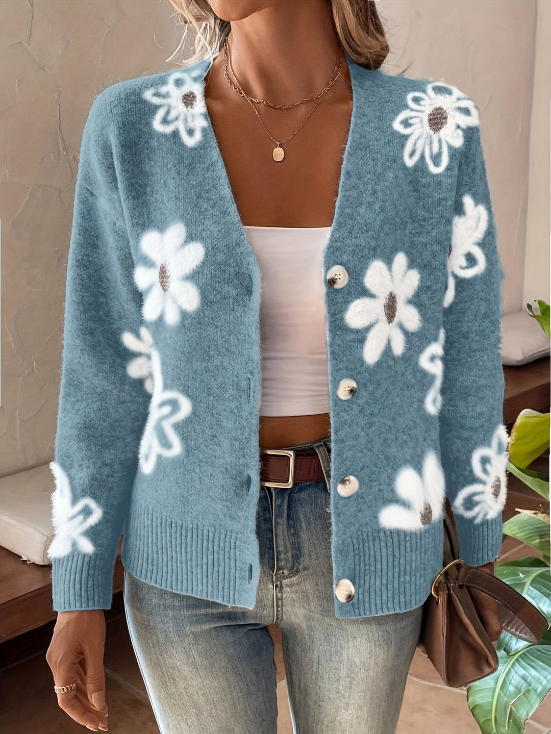 EB | Weiche Strickjacke mit Blumenmuster Acryl Wärme und Stil