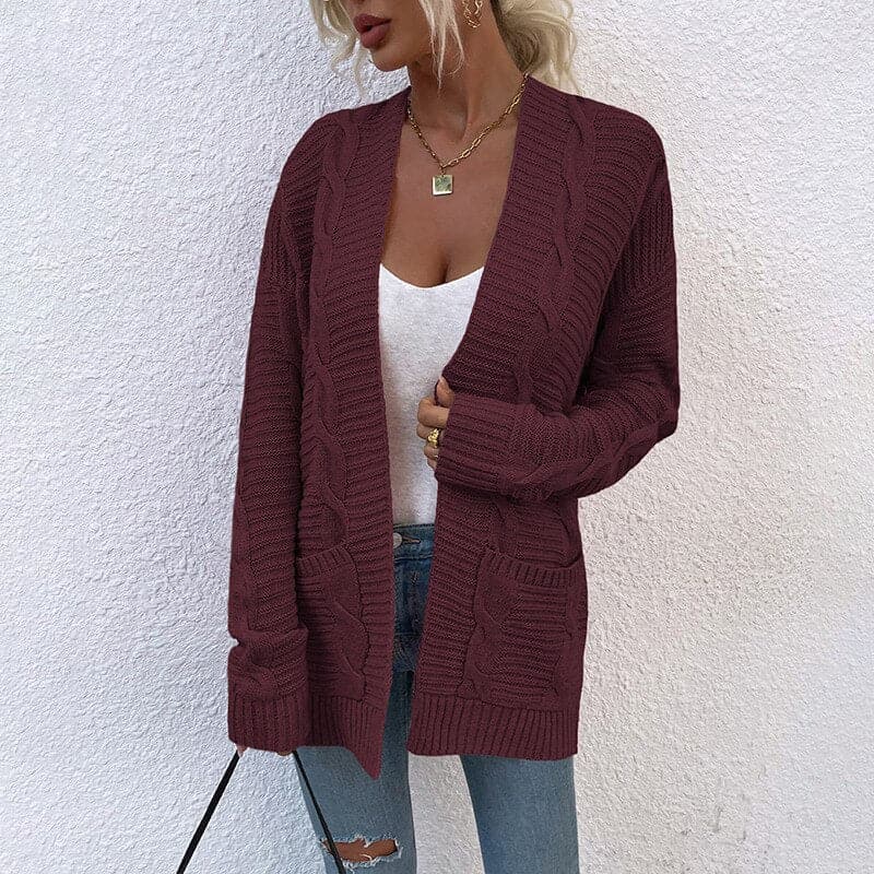 EB | Cardigan Strick Offene Front Lockere Passform mit Taschen Langarm
