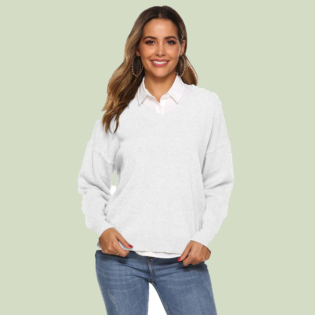 EB | Strickpullover V-Ausschnitt Lockere Passform Lange Ärmel Weich und Bequem
