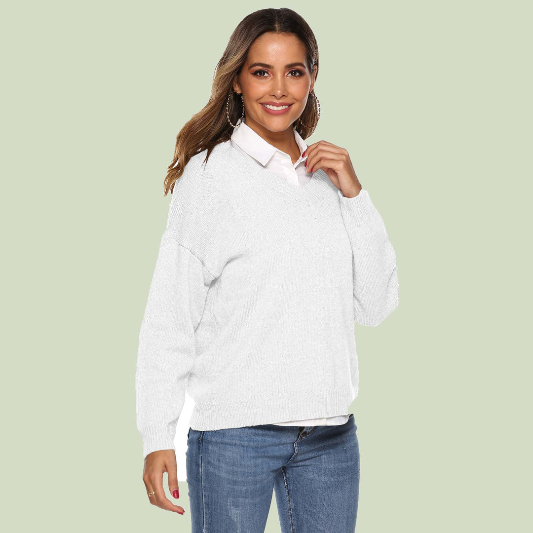 EB | Strickpullover V-Ausschnitt Lockere Passform Lange Ärmel Weich und Bequem